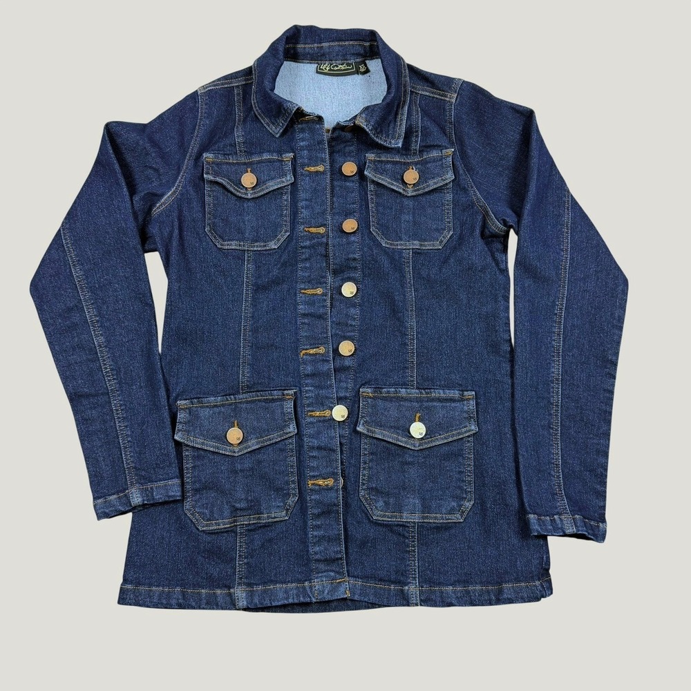 DG2 Diane Gilman Womens XS Dark Wash Denim Longline Chore Jacket Button Front